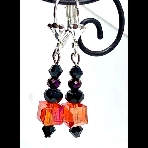 Halloween Orange Crystal Cube Prpl Black Earrings - Picture 2 of 4